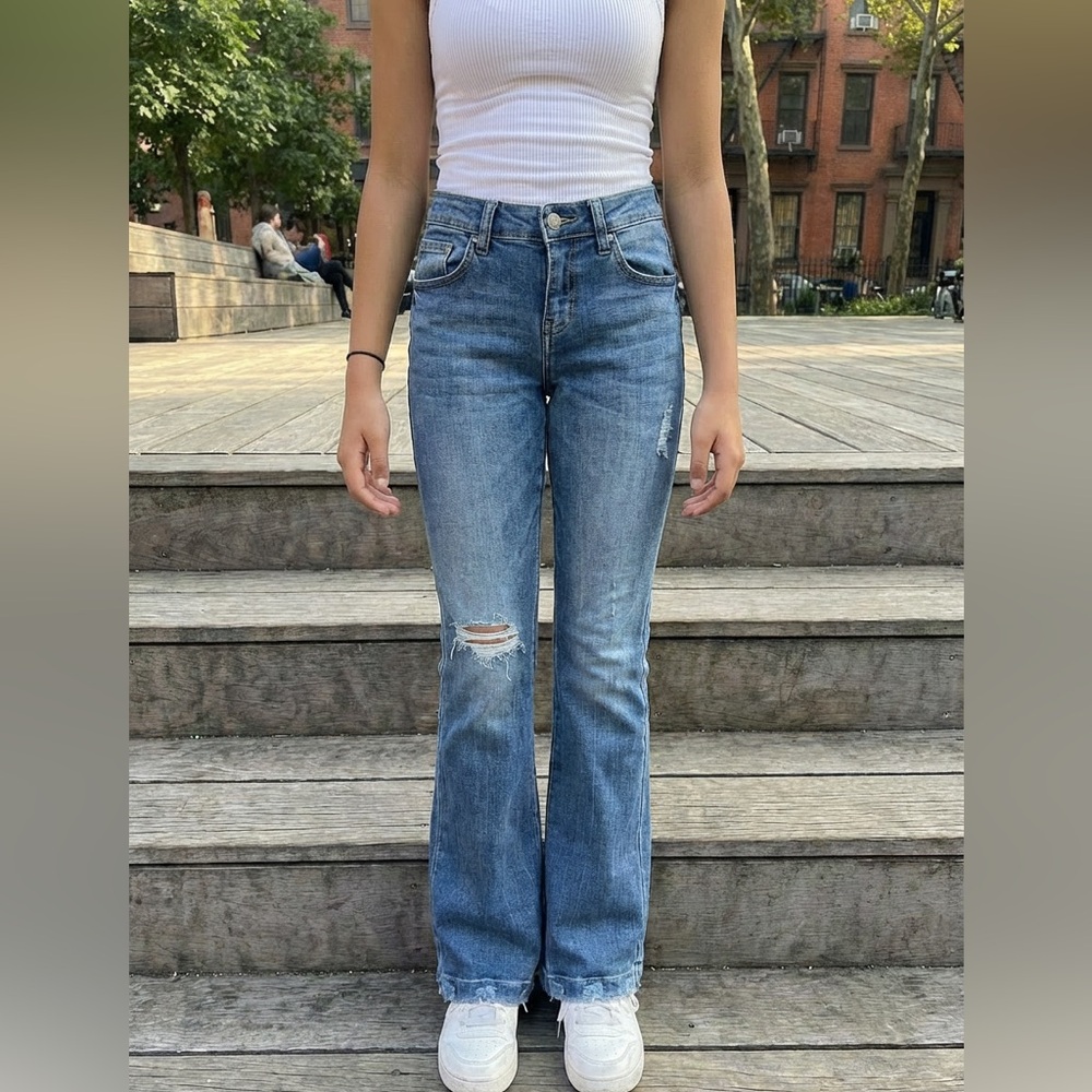 KanCan Faded Flare Jeans • Low-Rise Distressed Denim • Stretch Bootcut Flare
